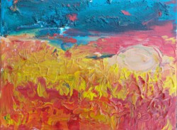 Abstrakte Malerei, Titel: "Sonnenuntergang überm Feld", 2021, 24x18 cm, Acryl auf Leinwand